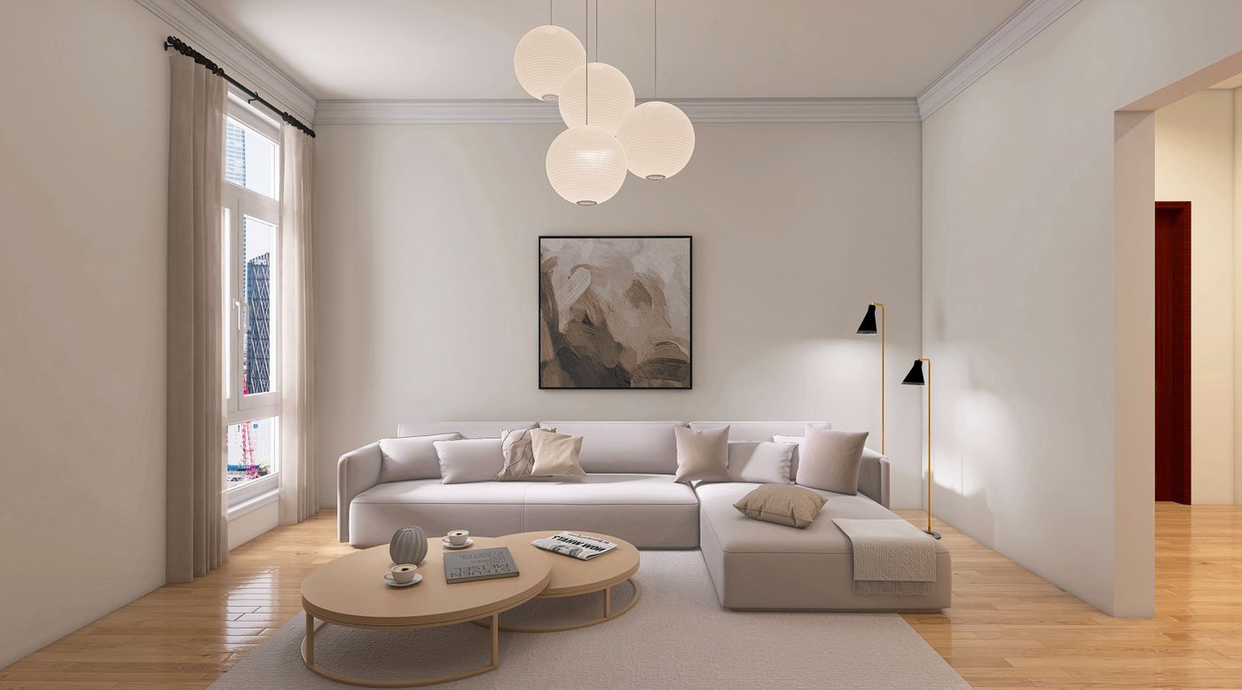 Salon lumineux et minimaliste aux couleurs neutres
